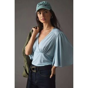 Anthropologie Blue Flutter Sleeve V Neck Blouse Top XS